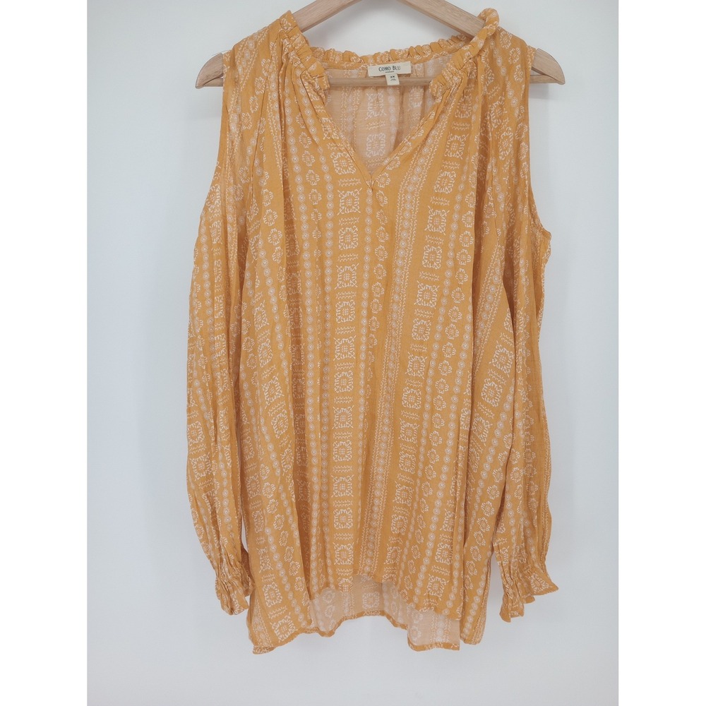 Como Blu Cold Shoulder Blouse Womens 2X Orange Medallion Print Boho